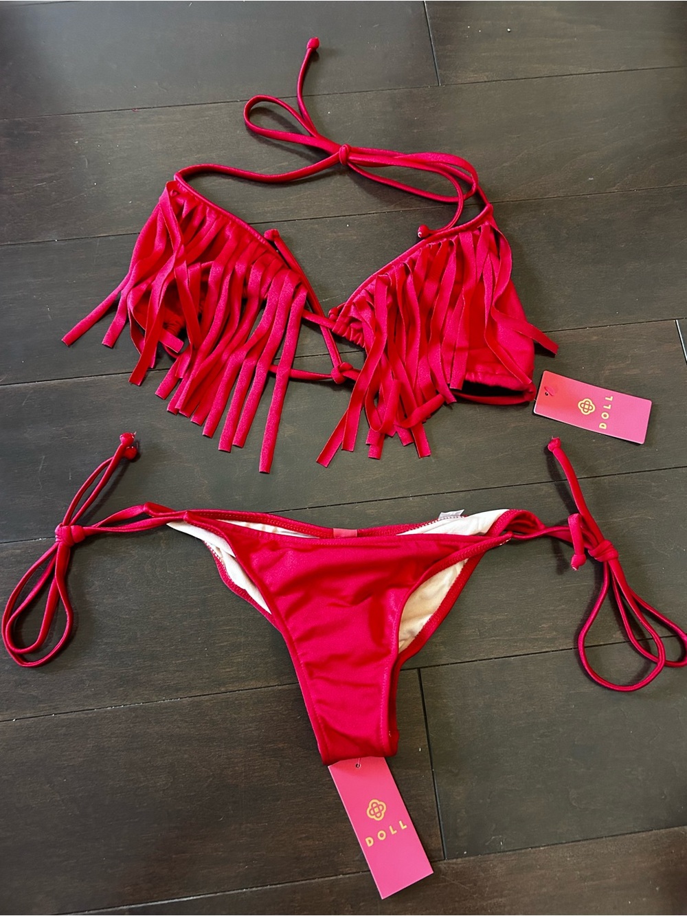 DOLL Fringe Tie-Side Bikini in Bright Red